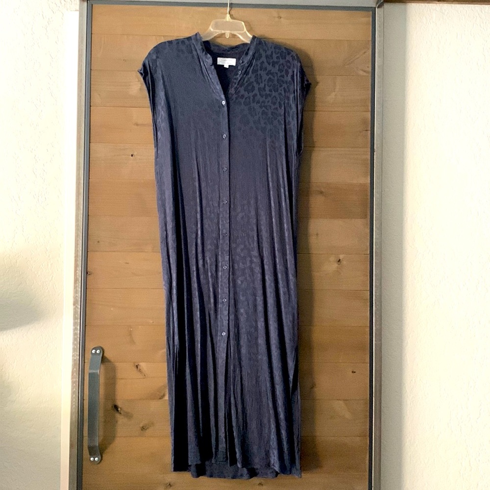 Blue silky leopard print button down dress